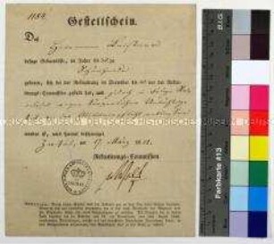Gestellschein der Zwickauer Rekrutierungskommission für Hermann Leistner zur Entlassung aus der Militärpflicht infolge körperlicher Untüchtigkeit