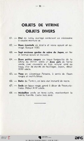 Objets de vitrine - Objets divers (Nr. 61-68)