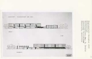 Schulanlage (Diplomarbeit bei Willy Kreuer): Oberstufe, Klassentrakt, Aula, Ansichten von Südosten und Nordwesten 1:200