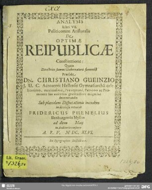 Analysis Libri VII. Politicorum Aristotelis De Optimae Reipublicae Constitutione