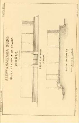 Plate XXVIX. Jétawanáráma ruins. Monastery north of Dágaba. Vihâré. Front elevation. Section through A. B.
