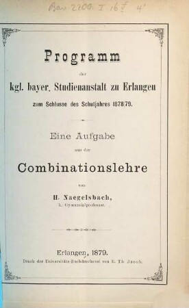 Eine Aufgabe aus der Combinationslehre