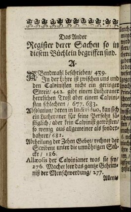 Das Ander Register derer Sachen so in diesem Buechlein begriffen sind