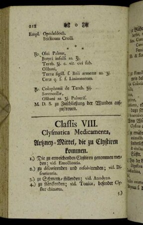 Classis VIII. Clysmatica Medicamenta, Artzney-Mittel, die zu Clystiren kommen.