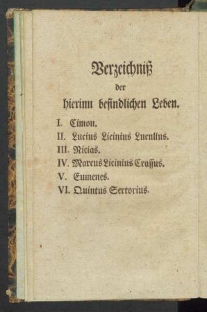 Verzeichniß der hierinn befindlichen Leben