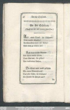 An die Schönen. (Nach der ein und zwanzigsten Ode.)