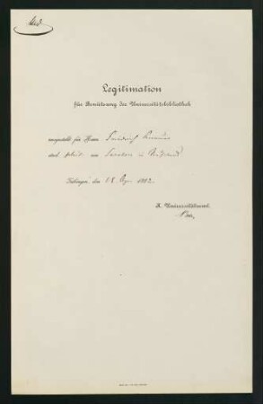 "Legitimation für Benützung der Universitätsbibliothek" 1882