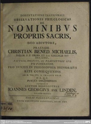 Dissertatione Inaugurali Observationes Philologicas De Nominibus Propriis Sacris, Deo Adiutore