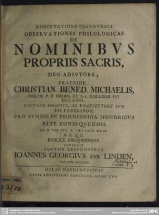 Dissertatione Inaugurali Observationes Philologicas De Nominibus Propriis Sacris, Deo Adiutore