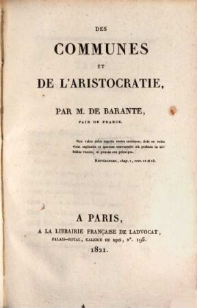 Des Communes et de l'aristocratie