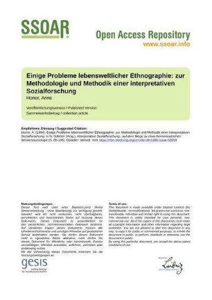 Einige Probleme lebensweltlicher Ethnographie: zur Methodologie und Methodik einer interpretativen Sozialforschung