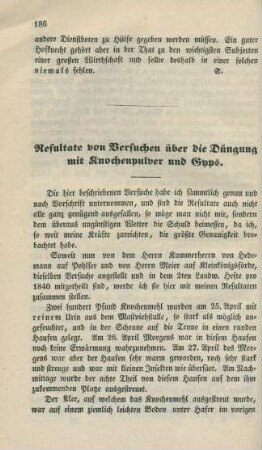 Resultate von Versuchen über die Düngung mit Knochenpulver und Gyps.