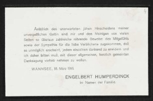 Brief von Engelbert Humperdinck an Gerhart Hauptmann