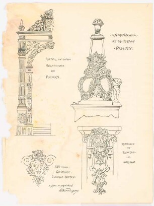 Skizzenheft SS 1902: Dresdner Zwinger, Portal, Rostock: Details Elias-Friedhof und Zwinger in Dresden, Portal zu einem Privathaus in Rostock