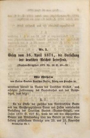 Deutsche Reichsgesetze : Sammlung der für das Königreich Bayern giltigen Gesetze des Deutschen Reiches nebst den hiezu ergangenen Vollzugs-Bestimmungen unter Benützung der Reichstagsverhandlungen und anderer Erläuterungsbehelfe. 1 (1872)