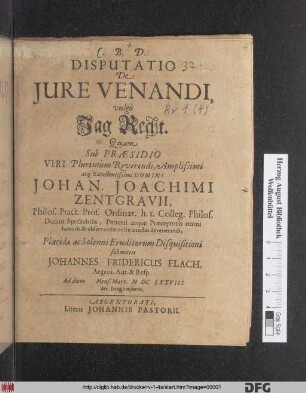 Disputatio De Iure Venandi, vulgo Jag Recht.