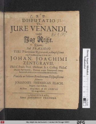 Disputatio De Iure Venandi, vulgo Jag Recht.