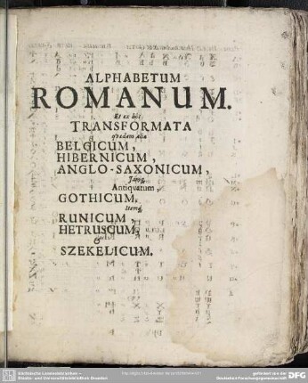 Alphabetum Romanum. Et ex hoc Transformata quaedam alia Belgicum, Hibernicum, Anglo-Saxonicum ...