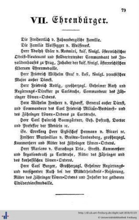 Ehrenbürger, Alphabetisches Verzeichniß der Künstler, Handels- und Gewerbsleute, Verzeichniß sämmtlicher Hauseigenthümer in Freiburg, Herdern und Wiehre.