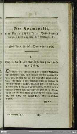 2.1797,12: Der Kosmopolit : eine Monathsschrift zur Beförderung wahrer u. allgemeiner Humanität