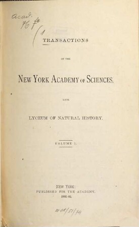 Transactions of the New York Academy of Sciences. 1. 1881/82