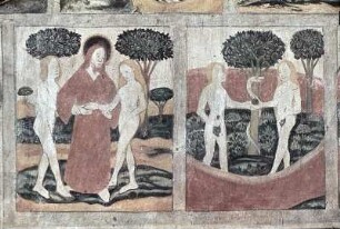 Gott führt Adam und Eva einander zu und die Versuchung durch die Schlange