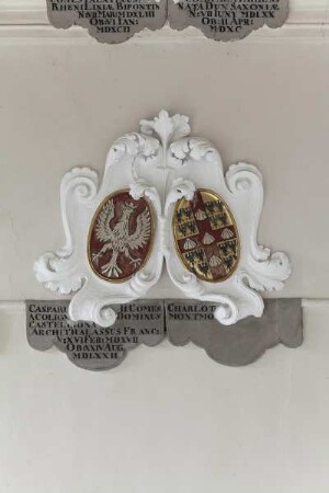 Wappenpaare in Kartuschen — Wappen des Grafen Gaspard II. von Coligny (1519-1572) und seiner Ehefrau Charlotte von Laval (gest. 1568)