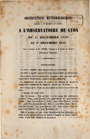 Observations météorologiques faites à l'Observatoire de Lyon. 1853/55