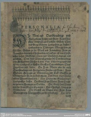 Personalia. Die Weyland Durchleuchtige vnd Hochgeborne Fürstin und ... Fraw, Fraw Christina, Hertzogin zu Sachsen, Gülich, Cleve vnd Berg, Geborne Landgrävin zu Hessen, Landgrävin in Thüringen
