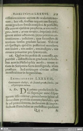 Exercitatio LXXXVII. Continuatio dialogi, de secundo gradu sensus, qui est perceptio animae