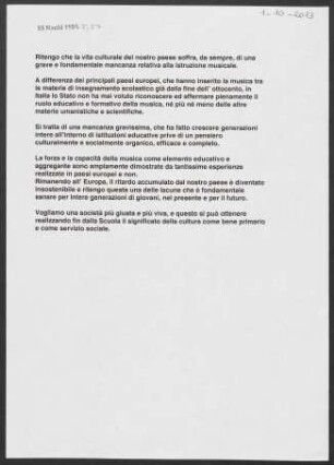 Kurzer Text von Claudio Abbado über mangelnden Musikunterricht in Italien