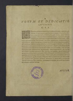 Votum et Dedicatio Auctoris. C. S. S.