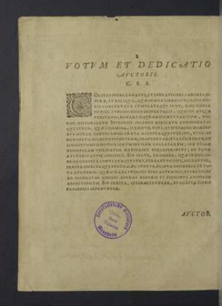 Votum et Dedicatio Auctoris. C. S. S.