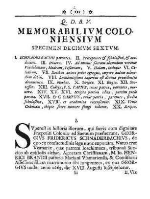 Q. D. B. V. MEMORABILIVM COLONIENSIVM SPECIMEN DECIMVM SEXTVM