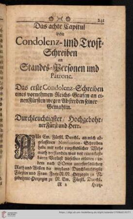 Das achte Capitul: Von Condolenz- und Trost-Schreiben an Standes-Personen und Patrone