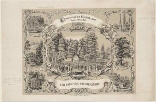 Erinnerungsblatt an die Frühlingsfeier im Park von Friedersdorf (Neusalza-Spremberg) in der Oberlausitz am 14. Juni 1857, mit Abbildungen des Jägerhauses, der alten Wasserburg und des von Leubnitz-Denkmals