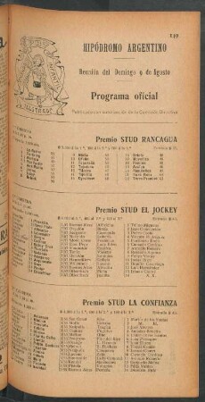 Hipódromo Argentino - Reunión del Domingo 9 de Agosto [de 1908] - Programa oficial