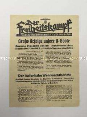 Nachrichtenblatt der sächsischen NSDAP-Zeitung "Der Freiheitskampf" über Luftangriffe der deutschen Wehrmacht auf schottische und englische Häfen