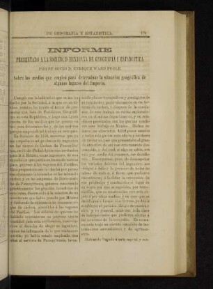 Informe presantado a la Sociedad Mexicana de Geografia y Estadistica