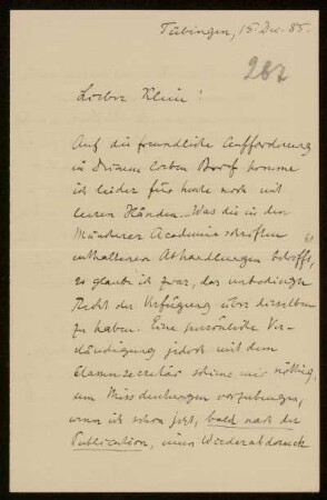 Nr. 267 Brief von Alexander von Brill an Felix Klein. Tübingen, 15.12.1885