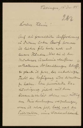 Nr. 267 Brief von Alexander von Brill an Felix Klein. Tübingen, 15.12.1885