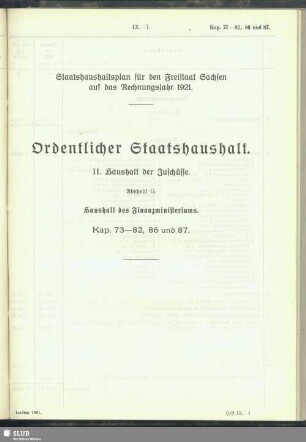II. Haushalt der Zuschüsse. Abschnitt G. Haushalt des Finanzministeriums. Kap. 73-82, 86 und 87