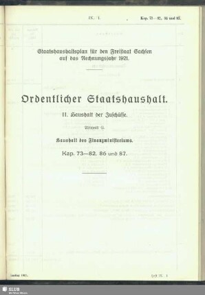 II. Haushalt der Zuschüsse. Abschnitt G. Haushalt des Finanzministeriums. Kap. 73-82, 86 und 87