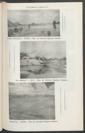 "Lago Titicaca" y "La Huega" y "Juliaca", óleo de Antonino Espinosa Saldaña