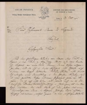 Nr. 1 Brief von Oskar Panizza an Anna de Lagarde. Paris, 31.10.1901