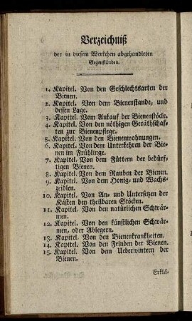 Verzeichniß der in diesem Werkchen abgehandleten Gegenständen.