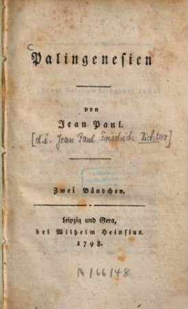 Palingenesien : zwei Bändchen, 1