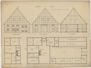 Hentrup (Kreis Beckum): Hof Schulte Hollenhorst. Haupthaus (Grundriss Erdgeschoss, Teilgrundriss Obergeschoss, Ostansicht, Westansicht, Querschnitt)