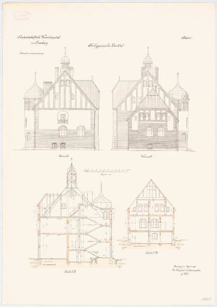 Landwirtschaftliche Versuchsanstalt, Bromberg Tierhygienisches Institut: Querschnitt Längsschnitt, Ostansicht, Westansicht 1:100