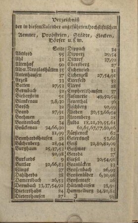 Verzeichnis der in diesem Kalender angeführten hochstiftischen Aemter, Probsteien, Städte, Flecken, Dörfer u.s.w.